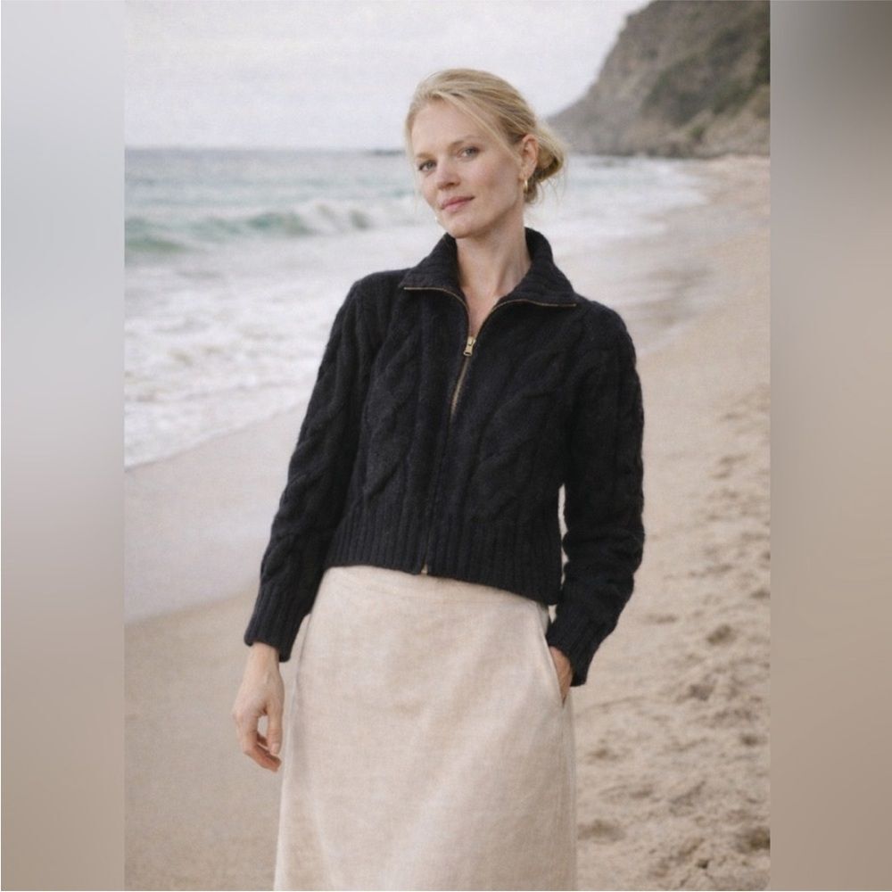 Ozma of California “Finley” Baby Alpaca Zip-Up Cable Knit | Black | S